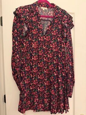 Umgee Black Floral Ruffle Long Sleeve Dress with Pink & Green Accents